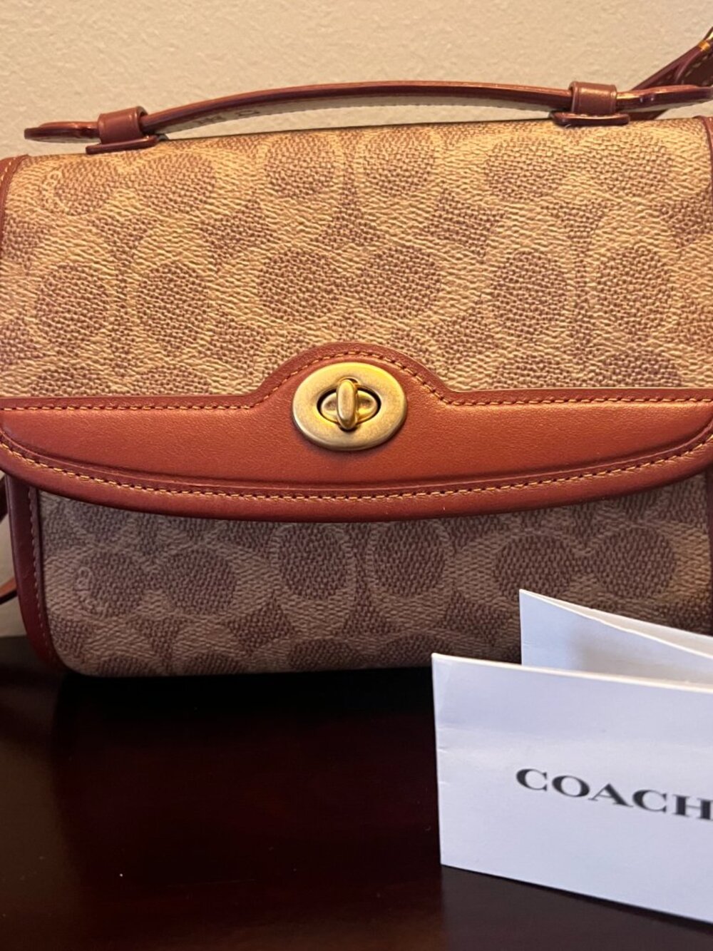 COACH Kip Turn-lock Crossbody Satchel Signature Canvas Tan Rust C4204 - Picture 2 of 7